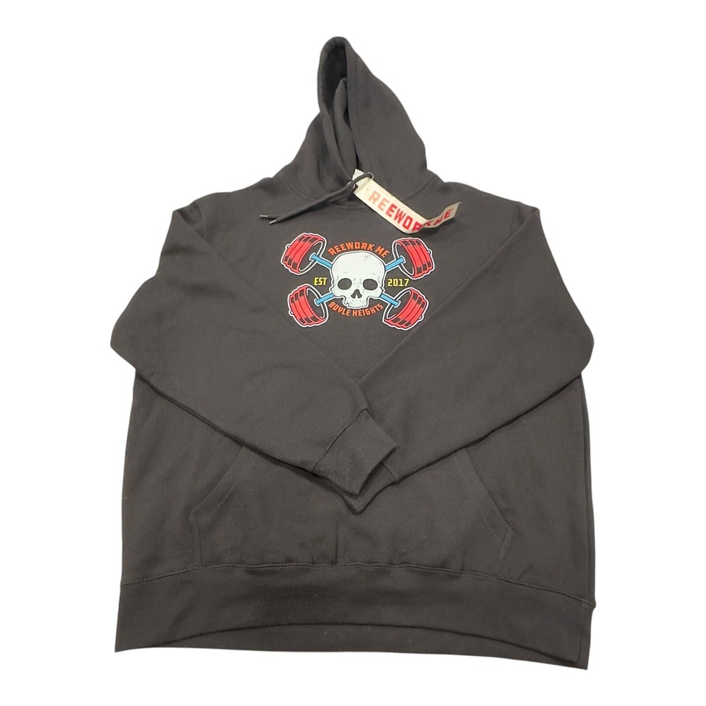 Lane Seven Reework Me Hoodie Mens XL Black Skull Dumbbell Graphic Pullover